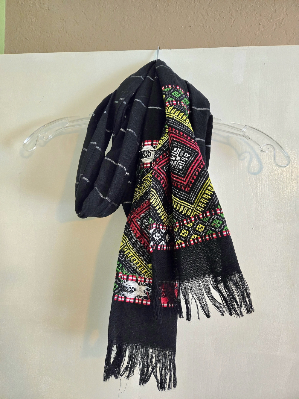 Black Embroidered Fringe Scarf with Multicolor Geometric Accents